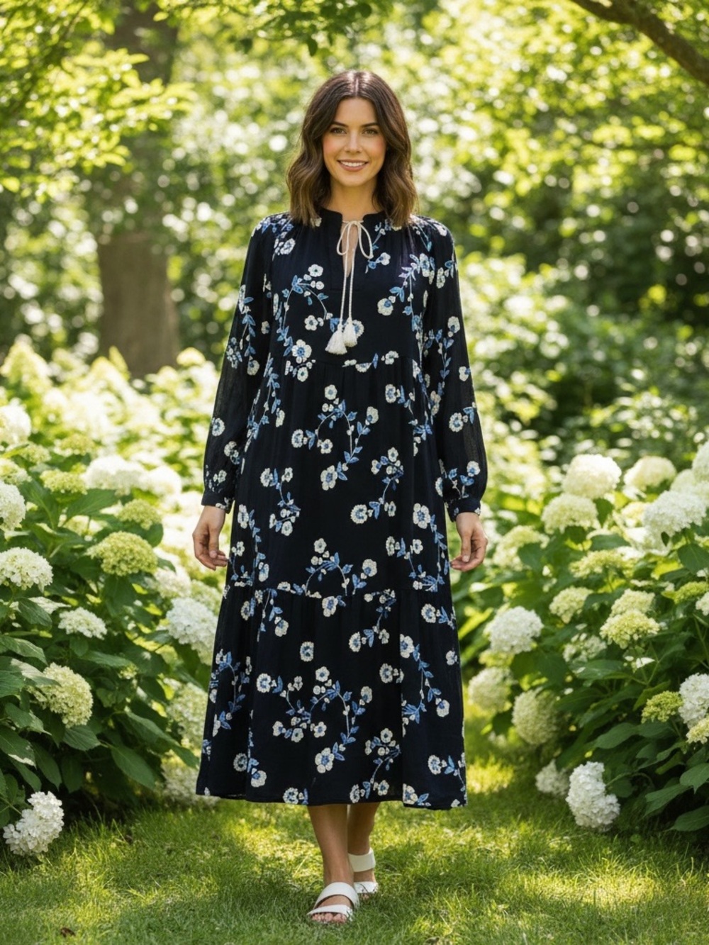 Karen Kane Blue Midi Dress With Embroidered Flowers & Pockets Women’s Size M